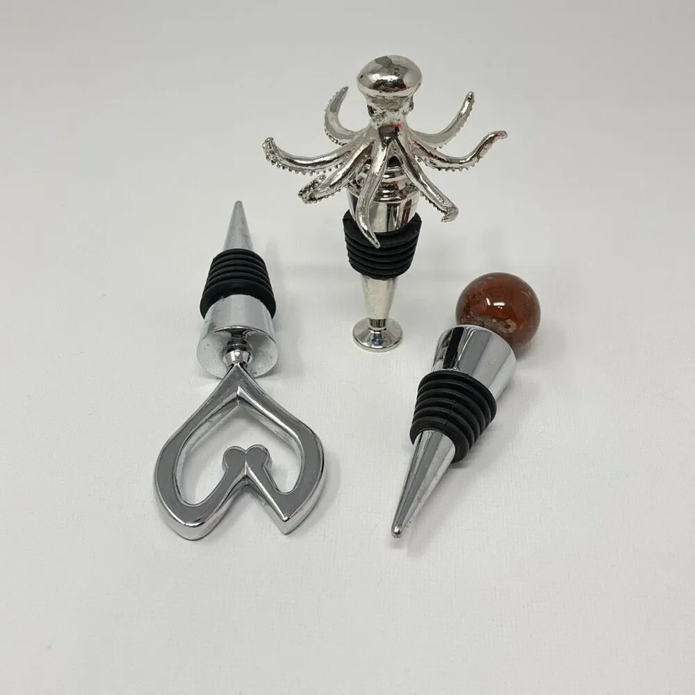 Metal & Stone Wine Bottle Stopper Lot of 3 Metal Octopus & Heart Stone Ball